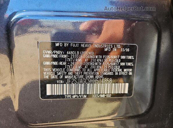 JF2SJAGC9HH514858 2017 SUBARU FORESTER Угольный Вид подкапотного пространства