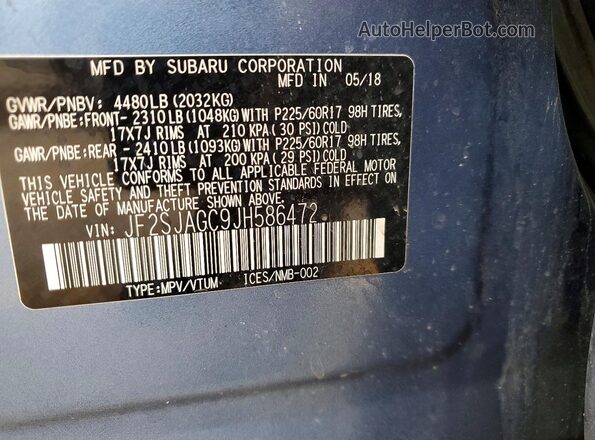 JF2SJAGC9JH586472 2018 SUBARU FORESTER Blue VIN կոդի պիտակի տեսք