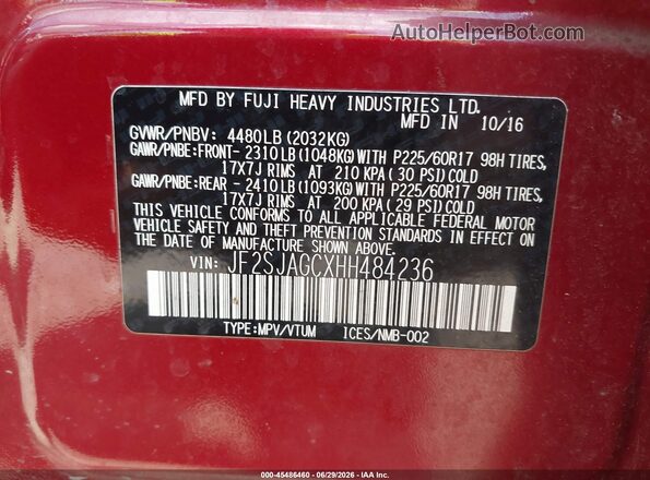 JF2SJAGCXHH484236 2017 SUBARU FORESTER Красный Вид подкапотного пространства