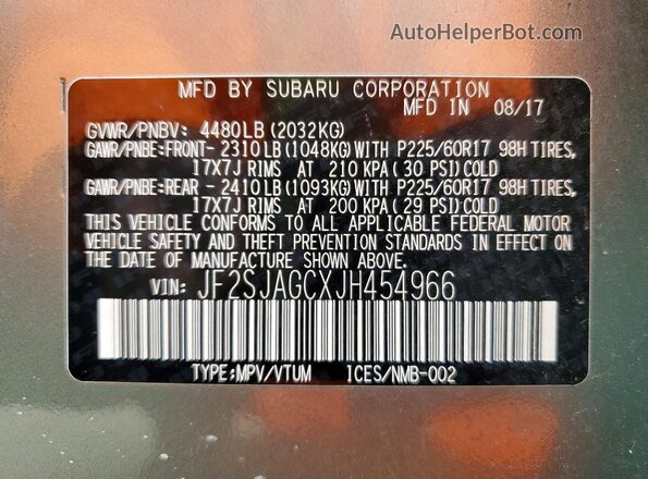 JF2SJAGCXJH454966 2018 SUBARU FORESTER Зеленый Вид наклейки с VIN-кодом
