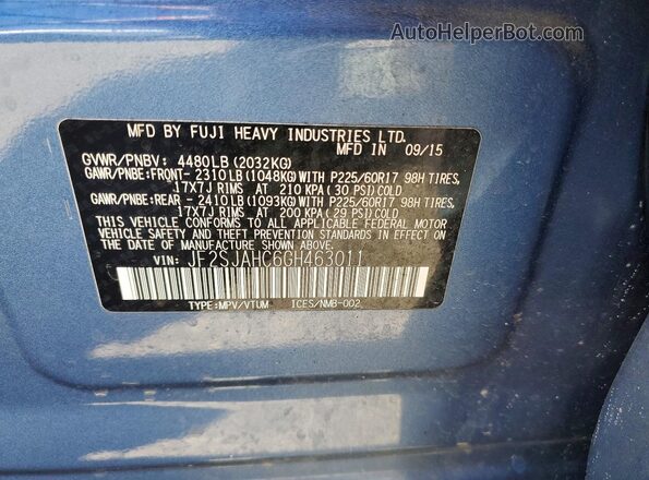 JF2SJAHC6GH463011 2016 SUBARU FORESTER Синий Вид наклейки с VIN-кодом
