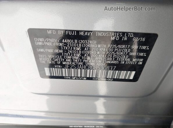 JF2SJAHC8GH530837 2016 SUBARU FORESTER Gray 