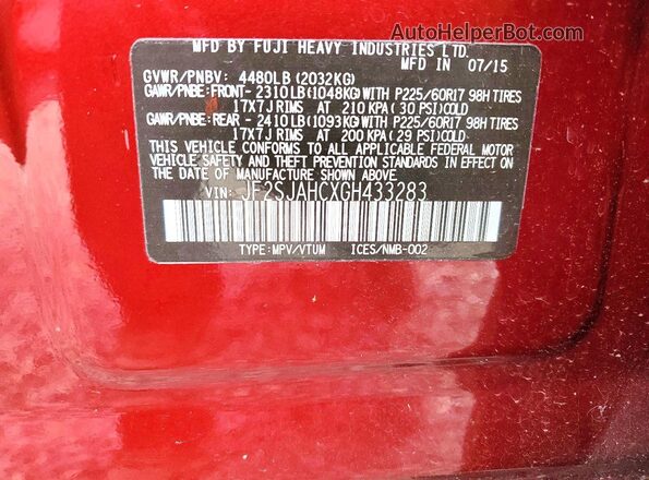 JF2SJAHCXGH433283 2016 SUBARU FORESTER Red Սալոնի 360 աստիճան տեսք