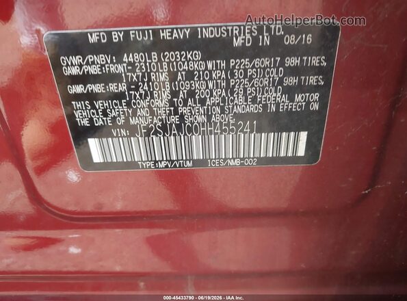 JF2SJAJC0HH455241 2017 SUBARU FORESTER Red ძრავის განყოფილების ხედი
