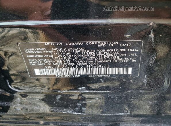 JF2SJAJC2JH499621 2018 SUBARU FORESTER Black Вид наклейки з VIN-кодом