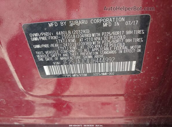 JF2SJAJC4JH444992 2018 SUBARU FORESTER Red Вид підкапотного простору