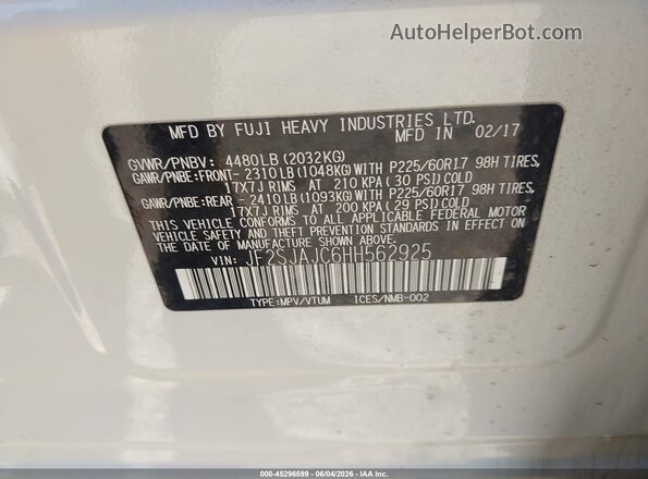 JF2SJAJC6HH562925 2017 SUBARU FORESTER White ძრავის განყოფილების ხედი