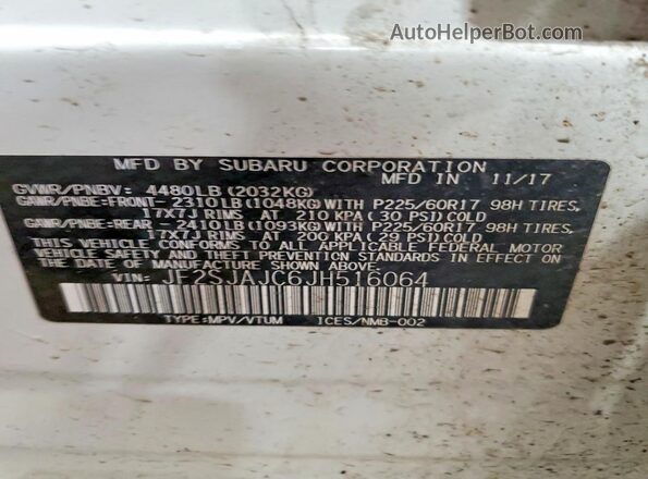JF2SJAJC6JH516064 2018 SUBARU FORESTER White 