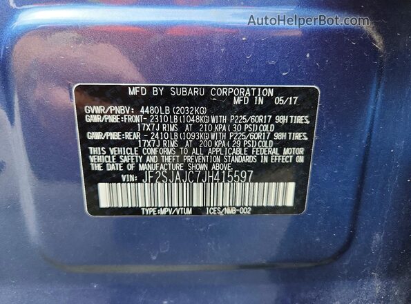 JF2SJAJC7JH415597 2018 SUBARU FORESTER Blue Widok wnętrza 360 stopni