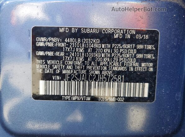 JF2SJALC2JH572581 2018 SUBARU FORESTER Blue 