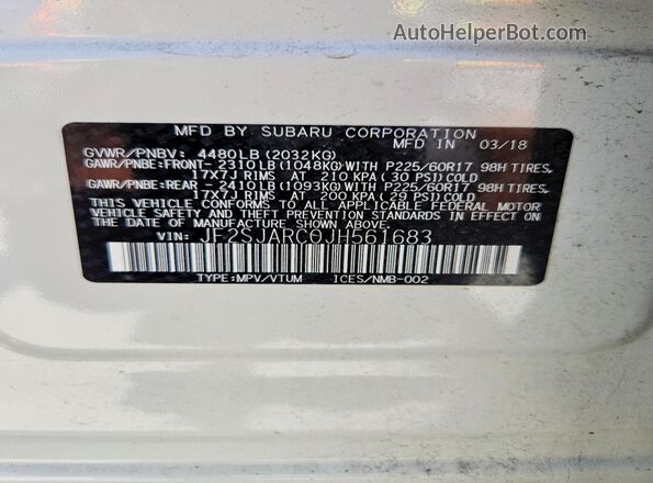 JF2SJARC0JH561683 2018 SUBARU FORESTER White VIN կոդի պիտակի տեսք