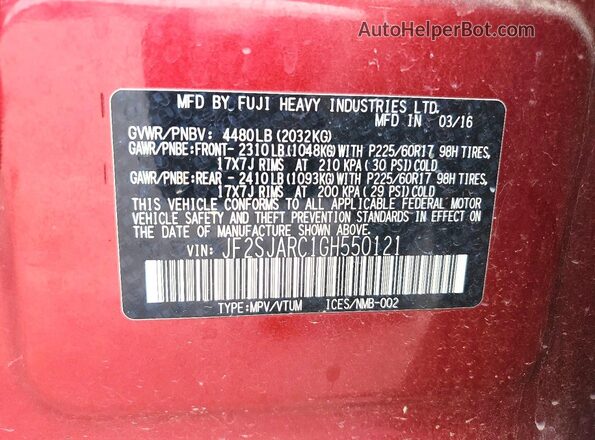 JF2SJARC1GH550121 2016 SUBARU FORESTER Maroon 