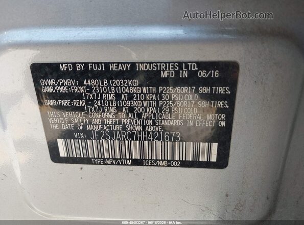 JF2SJARC7HH421673 2017 SUBARU FORESTER Серебряный Вид подкапотного пространства