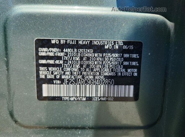 JF2SJARC9GH402850 2016 SUBARU FORESTER Green VIN sticker view