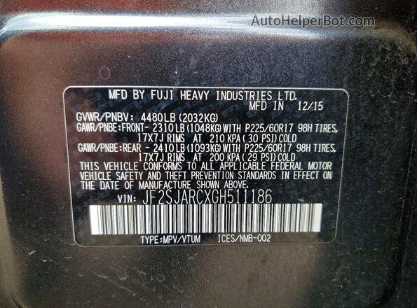 JF2SJARCXGH511186 2016 SUBARU FORESTER Серый Вид наклейки с VIN-кодом