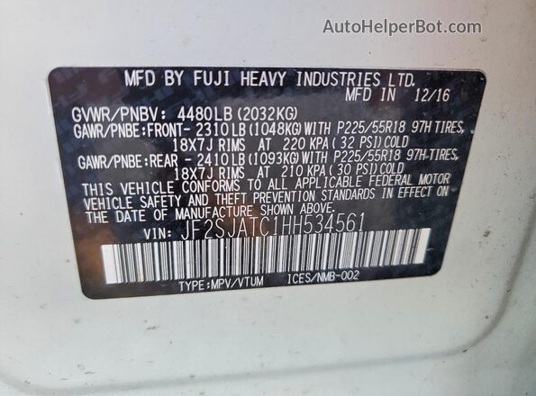 JF2SJATC1HH534561 2017 SUBARU FORESTER White Widok naklejki z numerem VIN