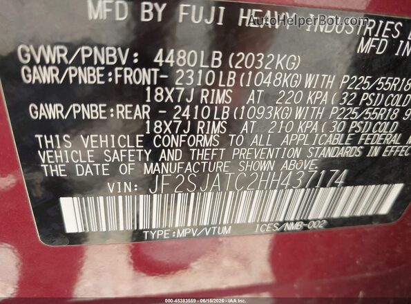 JF2SJATC2HH437174 2017 SUBARU FORESTER Burgundy 