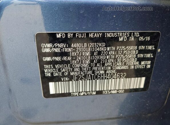 JF2SJATC6HH404632 2017 SUBARU FORESTER Blue Вид наклейки з VIN-кодом