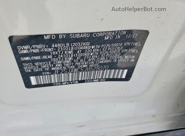 JF2SJAWC5JH528070 2018 SUBARU FORESTER White Вид наклейки з VIN-кодом