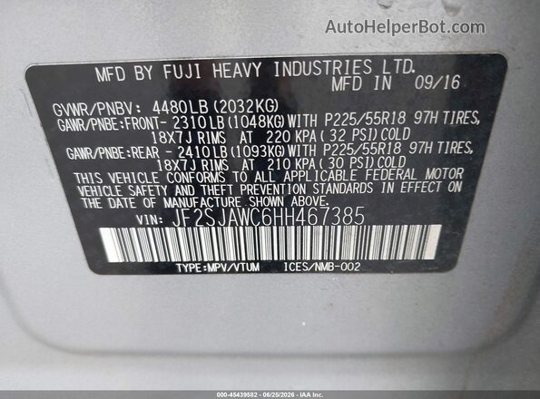 JF2SJAWC6HH467385 2017 SUBARU FORESTER Silver ძრავის განყოფილების ხედი