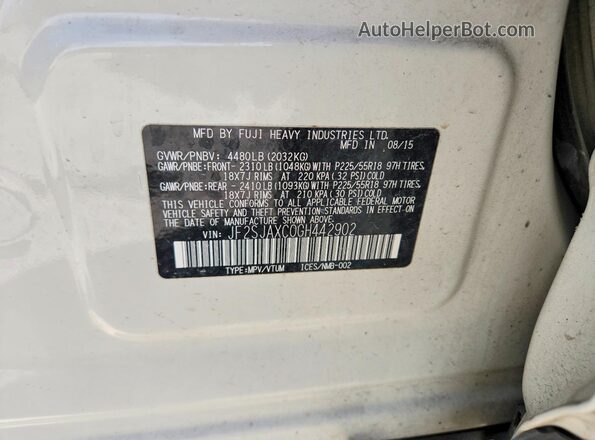 JF2SJAXC0GH442902 2016 SUBARU FORESTER Белый Панорамный вид салона 360°