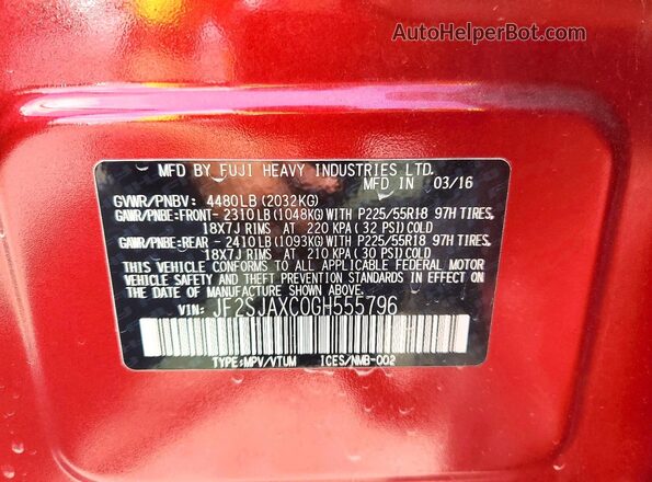 JF2SJAXC0GH555796 2016 SUBARU FORESTER Бордовый Вид наклейки с VIN-кодом