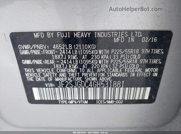 JF2SJGDC4GH531881 2016 SUBARU FORESTER Silver Widok komory silnika