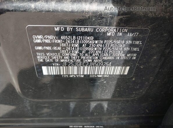 JF2SJGEC2JH509254 2018 SUBARU FORESTER Black Вид підкапотного простору
