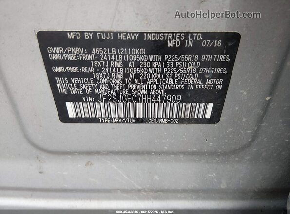 JF2SJGEC7HH447909 2017 SUBARU FORESTER Silver ძრავის განყოფილების ხედი