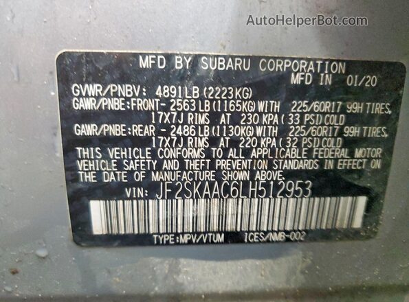 JF2SKAAC6LH512953 2020 SUBARU FORESTER Silver Вид наклейки з VIN-кодом