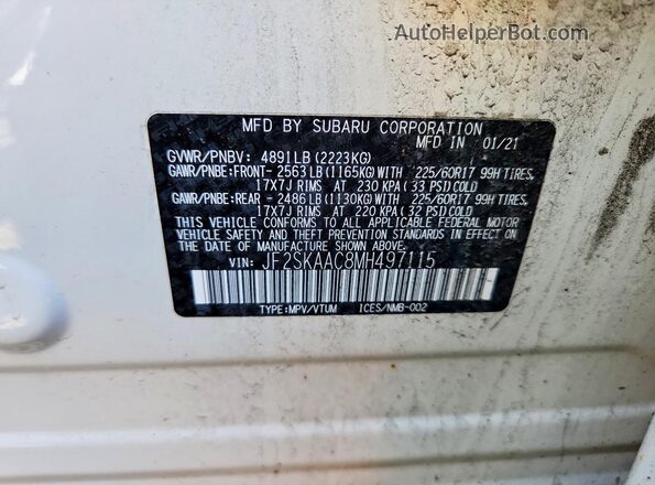 JF2SKAAC8MH497115 2021 SUBARU FORESTER Белый 