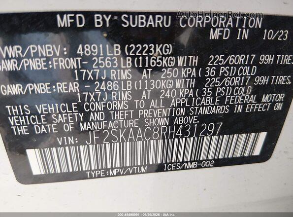 JF2SKAAC8RH431297 2024 SUBARU FORESTER White Widok komory silnika