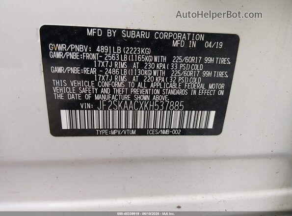 JF2SKAACXKH537885 2019 SUBARU FORESTER White Engine compartment view