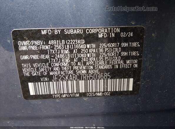 JF2SKABC7RH503685 2024 SUBARU FORESTER Синий Вид подкапотного пространства