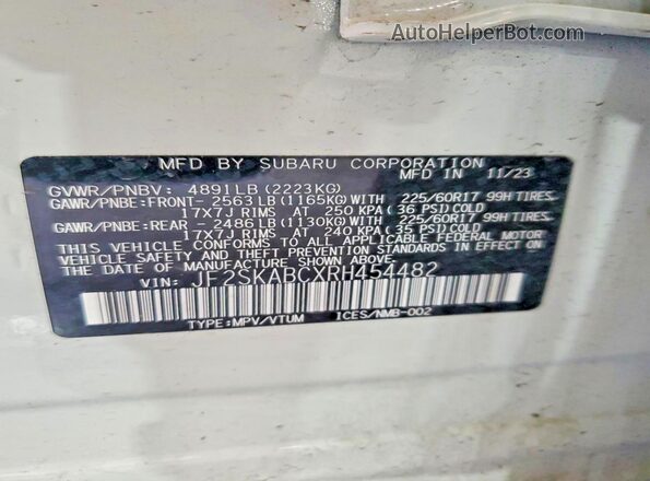JF2SKABCXRH454482 2024 SUBARU FORESTER White VIN sticker view