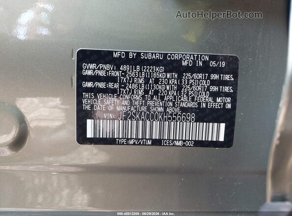 JF2SKACC0KH556698 2019 SUBARU FORESTER Зеленый Вид подкапотного пространства