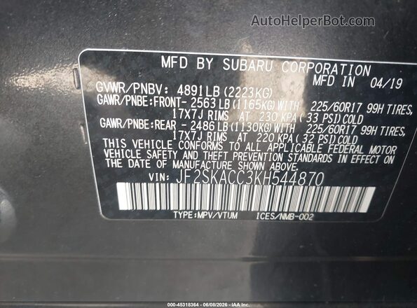 JF2SKACC3KH544870 2019 SUBARU FORESTER Gold Вид підкапотного простору