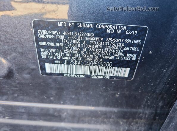 JF2SKACC4KH509206 2019 SUBARU FORESTER Charcoal Vista interior de 360 grados