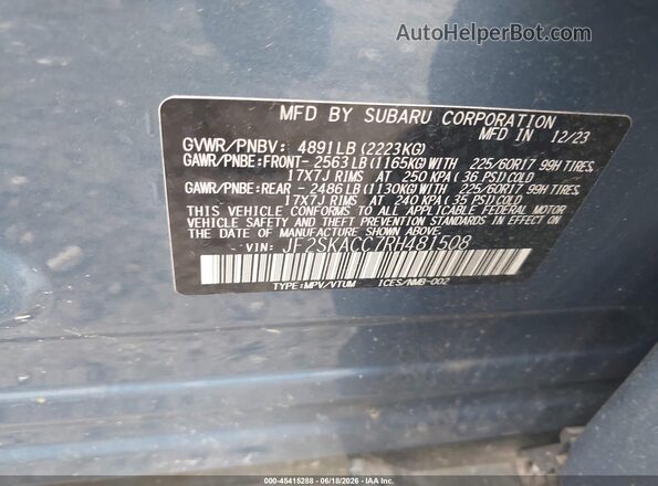 JF2SKACC7RH481508 2024 SUBARU FORESTER Blue Շարժիչի բաժամունքի տեսք