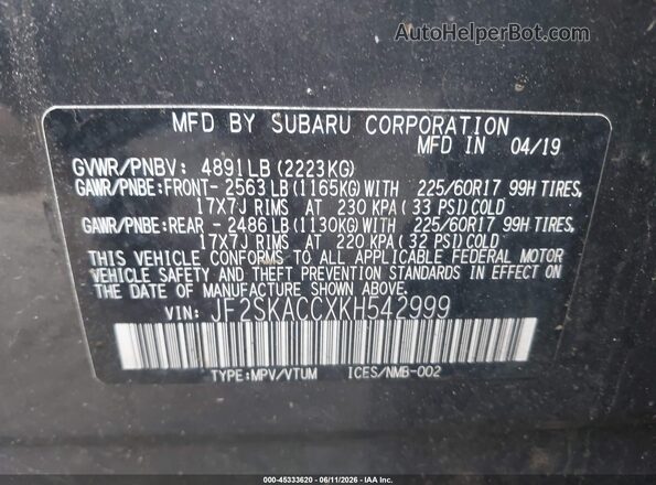 JF2SKACCXKH542999 2019 SUBARU FORESTER Серый Вид подкапотного пространства