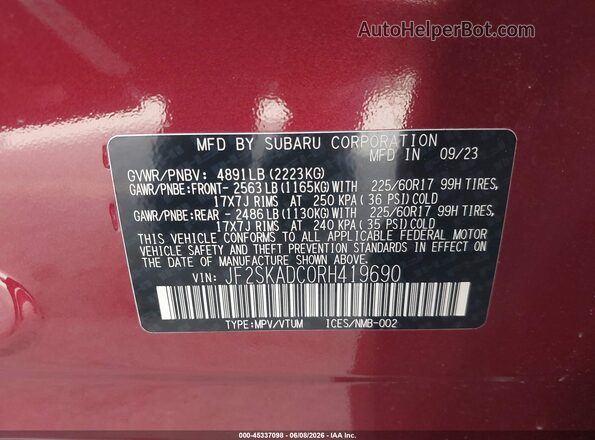 JF2SKADC0RH419690 2024 SUBARU FORESTER Burgundy Շարժիչի բաժամունքի տեսք