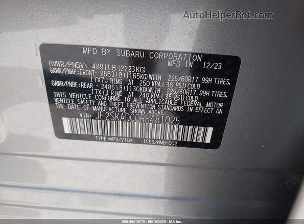 JF2SKADC0RH481025 2024 SUBARU FORESTER Silver Engine compartment view