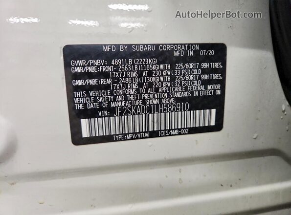 JF2SKADC1LH586910 2020 SUBARU FORESTER White VIN კოდის სტიკერის ხედი