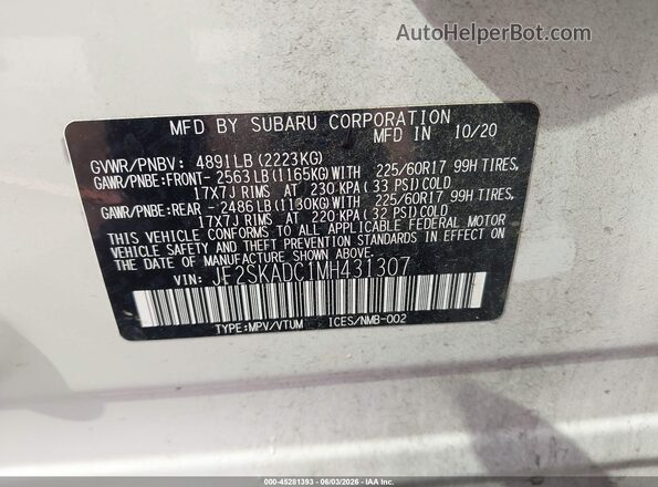 JF2SKADC1MH431307 2021 SUBARU FORESTER White 