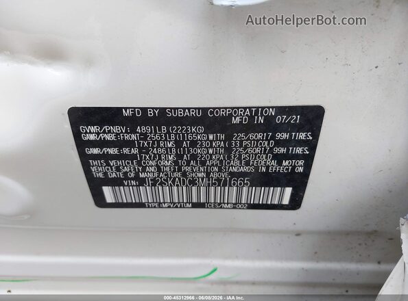 JF2SKADC3MH571665 2021 SUBARU FORESTER White Շարժիչի բաժամունքի տեսք