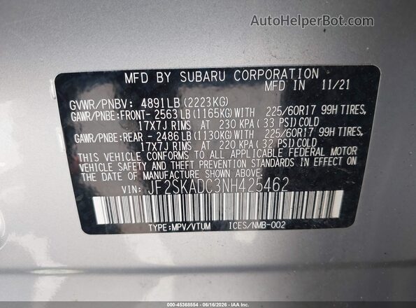 JF2SKADC3NH425462 2022 SUBARU FORESTER Silver ძრავის განყოფილების ხედი