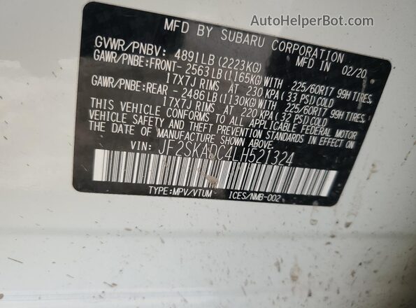 JF2SKADC4LH521324 2020 SUBARU FORESTER White Вид наклейки з VIN-кодом