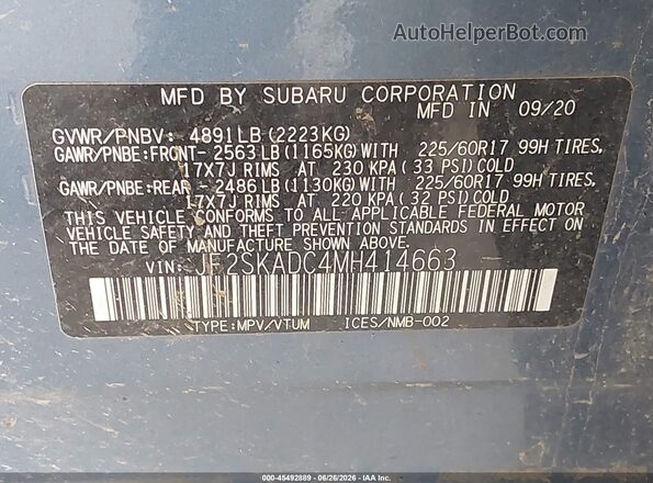 JF2SKADC4MH414663 2021 SUBARU FORESTER Blue ძრავის განყოფილების ხედი