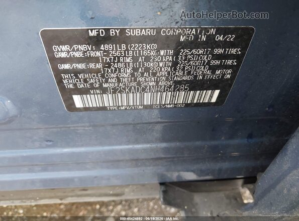 JF2SKADC4NH464285 2022 SUBARU FORESTER Blue Engine compartment view