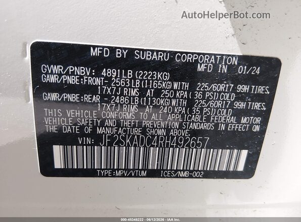 JF2SKADC4RH492657 2024 SUBARU FORESTER Белый 